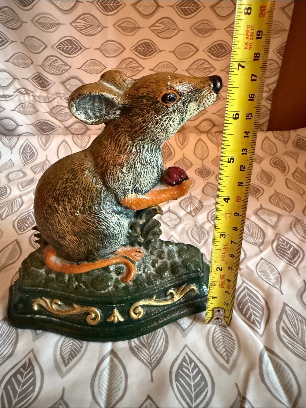 Cast Iron Door Stop - Hand-Painted Mouse Figurine Holding Berry